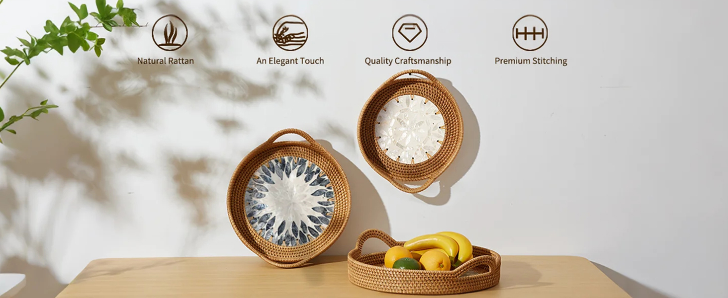 Amazon.com: Round Rattan Tray Set (3-Piece) with Mother of Pearl